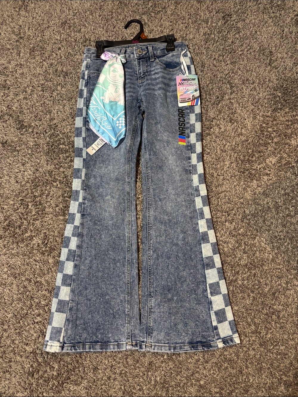 Nascar x Justice Blue Denim Flare Jeans with Checkered Side Panels
